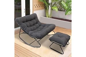 HavenGlide Schaukelstuhl Schaukelsessel Extra Groß - mit Kissen und Hocker | Outdoor Schwingsessel aus Metall | Bequemer Relaxstuhl bis 150 kg Belastbar für Wohnzimmer Terrasse Balkon Garten-Grau