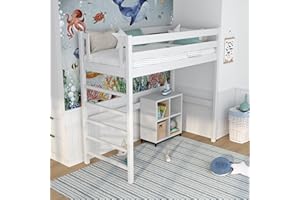 N-Wood N01 Letto a Soppalco 90x200 cm, 100% Legno massello, Lettino per bambini e adulti, Scala universale: destra o sinistra, Struttura inclusa, Nessuna vite sporgente, Bianco