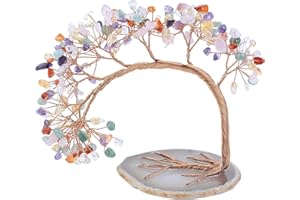 Nupuyai 11.4cm Chakras Pierres Naturelles Arbre d'argent en Pierre sur Base de Tranches d'agate, Arbre de Vie Reiki Feng Shui Cristal Décoration de Bureaux et Maison pour la Bonne Chance