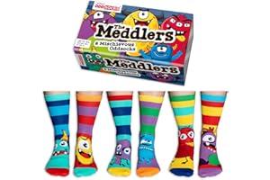 United Oddsocks The Meddlers Gift Box – 6 Mischievous Odd Socks for Kids – UK 12–5.5 EUR 30.5–38.5 US 13.5–8 – Colourful Monster-Themed Novelty Present, Cotton Rich Crew Fit, Fun Back to School Set