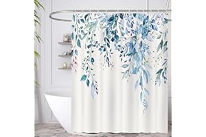 Minicoco Shower Curtain Green Shower Curtains Mould Proof Resistant Waterproof Shower Curtain 100% Polyester Bathroom Shower Curtains with 12 Hooks, 180 x 180 cm (Blue Leaves)