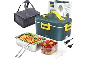 AZOMKER Fiambrera Termica Electrica 3 en 1 75W 1.8L para Coche Camión y Trabajo 220V/12V/24V, Calienta Comida en Minutos, Termo de Acero Inoxidable(verde oscuro)…