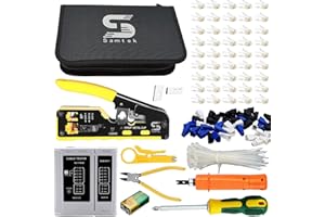 SAMTEK RJ45 Crimp Tool Kit, All in One Pass Through Ethernet Crimping Tool for Cat5/Cat6/Cat7 & RJ11 for Telephone Line Connector – Includes Cable Cutter, Cable Tester, Stripper, Screwdriver