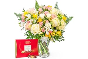 PRESTIGEFLOWERS Rose et Freesia - Fleurs fraîches - Livraison le lendemain - Bouquet d'anniversaire - Cadeau d'occasion - Arrangement floral - Livré à votre porte - Fleurs naturelles (+ Chocolats)