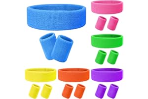 YICAAM 18 Pcs Neon Sweatbands Set Includes 6 Pcs Sports Elastic Athletic Headband and 12 Pcs Wrist Sweatband, Absorbing 80s Sweat Band for Men Women