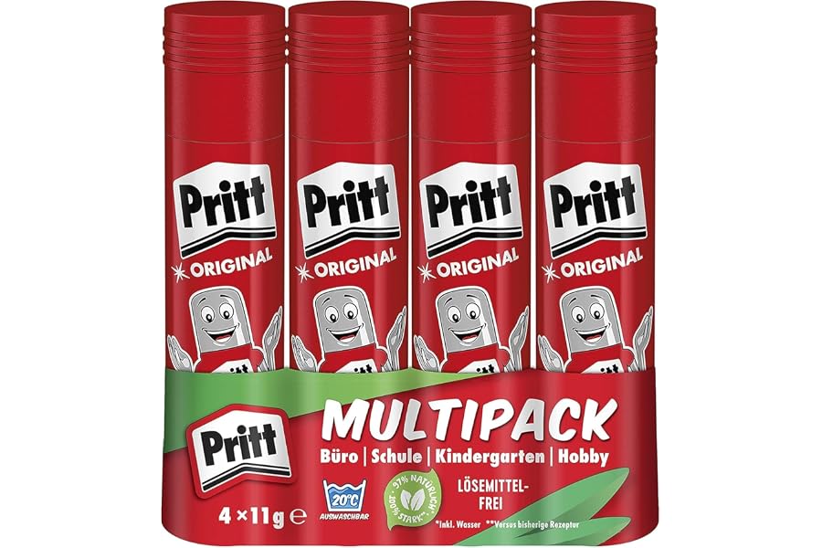 Pritt Klebestift, kinderfreundlicher Kleber für Schule & Büro, 4x11g | 97% natürliche Inhaltsstoffe inkl. Wasser, lösemittelfrei, faltenfreies Kleben, auswaschbar bei niedrigen Temperaturen