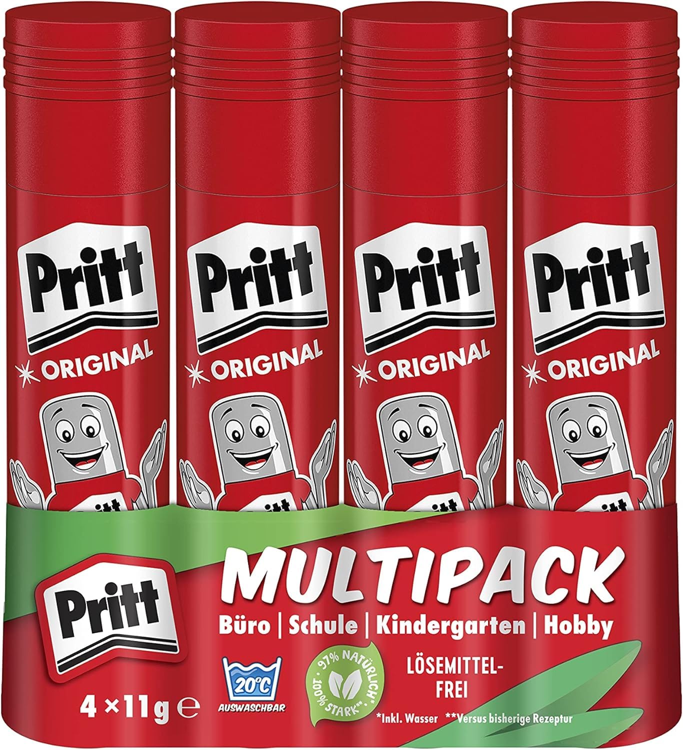 Pritt Klebestift, kinderfreundlicher Kleber für Schule & Büro, 4x11g | 97% natürliche Inhaltsstoffe inkl. Wasser, lösemittelfrei, faltenfreies Kleben, auswaschbar bei niedrigen Temperaturen