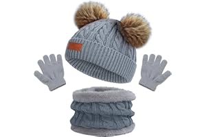 beifon Cappello a Maglia Bambini Invernale Sciarpa Guanti Berretto in Maglia con Pompom Ragazzi Berretto Sciarpa Beanie Cappello Scaldacollo per Ragazzo e Ragazza（3-8 Anni）