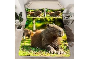 HOMEWISH Funny Capybara Bed Sheets Single for Kids Teens Adults,Cute Capybara Relaxing in the Grass Fitted Sheet Funny Mouse Animal Bedding Set for Boys Girls,3D Capybara Printed 2 Piece Bedding Decor Set