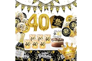WINAROI 40 Geburtstag Deko Männer Frauen, 40. Schwarz Gold Geburtstag Deko Luftballons mit Windlicht Tischdeko Servietten Tischdeck, 40. Luftballons, Birthday Party Decoration