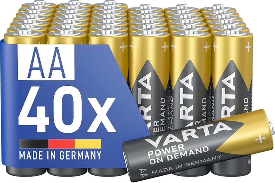 VARTA Pilas AA, paquete de 40, Power on Demand, Alcalinas, 1,5V, para accesorios de ordenador, dispositivos Smart Home, linte