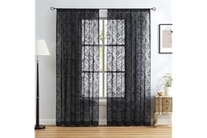Abstractex Black Lace Net Curtains 90 Inches Long Damask Floral Sheer Panels for Bedroom Rod Pocket Luxury Vintage Light Filtering Victorian Window Treatment Sets for Living Room, 54" W 2 Panels