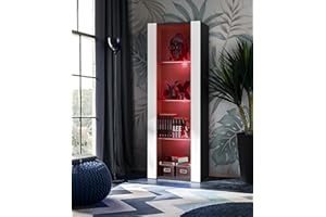 Komodee, Vetrina Tivoli, Nero/Bianco, Larghezza 55 cm x Altezza 159 cm x Profondità 35 cm, LED RGB, 3 ripiani, Per soggiorno, Camera da letto, anticamera