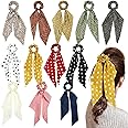 Cinaci 12 Pack Stretchy Hair Scrunchies with Long Ribbon Bow Floral Polka Dot Solid Hair Ties Elastics Hairbands Silk Chiffon Ponytail Holders Rubber Bands Accessories for Women Girls