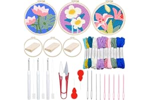 Woohome 3 Stück Punch Needle Anfänger Stickerei Set, Punch Needle Stoff mit Muster, Stickrahmen, Fäden, Anleitung für Kunsthandwerk (Chrysantheme, Lotus, Lilie)