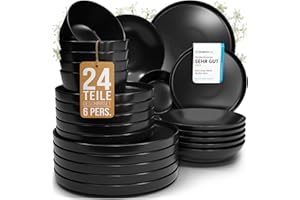 Steingut Geschirrset 6 Personen Manhattan 24 tlg. TESTSIEGER, Cooles Urbanes Steingut Geschirr Set, Schüssel- und Teller Set, Tafelservice 6 Personen, Geschirrsets Pure Living in matt Schwarz