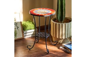 VONLUCE Mesa Auxiliar de Mosasico con Estante para Interior y Exterior Soporte de Plantas de Azulejos de Cerámica de 36CM Mesita Auxiliar para Jardín, Sala de Estar y Patio (Rojo)