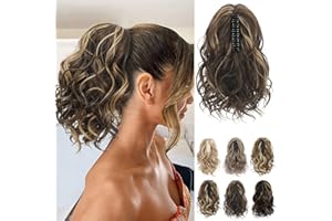 REECHO Ponytail Extension, Claw Clip in Ponytail Hair Extensions 10 Inch Short Curly Ponytail Natural Wavy Synthetic Hairpiece for Women – Brown with Honey Blonde Highlights