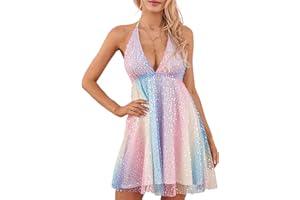 Achlibe Women Summer Mini Sequin Sparkly Dress Deep V Neck Sleeveless Backless Tie up Halter Neck Skater Dress