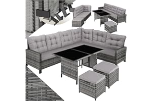 ‎TECTAKE tectake Polyrattan Lounge Set, Garden Furniture Set with Sofa, Stool + Table, Balcony Furniture Outdoor, 5-Piece Seating Set, Includes Seat and Back Cushion, Ideal for Garden, Patio, Balcony - Grey