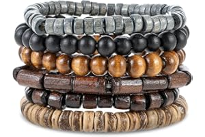 Telooco 6szt. Bransoletki z koralikami dla mężczyzn Bransoletka z wielowarstwowymi drewnianymi koralikami Bransoletka gotycka Regulowana elastyczna bransoletka dla mężczyzn Odpinane mankiety na