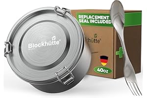 Blockhütte Pudełko na lunch klasy premium, stal nierdzewna, okrągłe, 1200 ml, z łyżeczką i 2 uszczelkami, szczelna, ze stali nierdzewnej, pojemnik do przechowywania żywności, odporny na zamrażanie