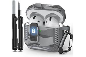 RFUNGUANGO Custodia compatibile con Airpods 4 (2024) con kit di pulizia, clip di blocco di sicurezza e custodia protettiva antiurto per Airpods 4a generazione 2024 rilasciata,Grigio mimetico