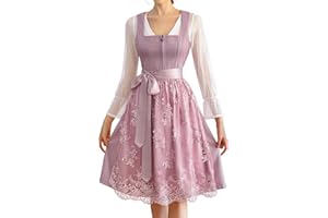 EIISSION Dirndl Damen Trachtenkleid Dirndlkleid midi Tracht Damen Lang Rosa 3 Teilig mit Trachtenrock Langärmel Dirndlbluse Schürze Trachtenmode Trachten Kleid für Oktoberfest