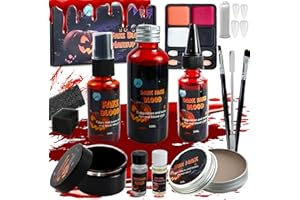 FFTANXS Faux Sang Halloween,Maquillage Halloween 16 Kit Professionnel pour Enfant Adulte,avec Lavable Faux Sang+Peinture pour Visage+Cire Cicatricielle,pour Maquillage Vampire,Mort-Vivant,Zombie,SFX Make Up