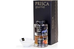 Caja Gourmet compuesta por una Salsera de Porcelana SPAL Mermelada de Calabaza Prisca Gourmet 230gr, Mermelada de Arándanos en Vinagre Balsámico y Vino de Oporto 230gr