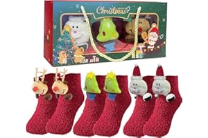 BINXWA 3 Paar weihnachtssocken kinder,Elch Weihnachtsmann Weihnachtsbaumsocken warm antirutschsocken kinder Flauschige socken geschenke weihnachten kinder für 2-12 Jahre alt mit Geschenk Box