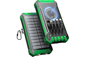 ACELUFLY Power Bank Solar 26800mAh con 4 Cables, Cargador Solar Inalámbrico Portátil Power Bank USB-C 15W Carga Rápida 6 Salidas 3 Entradas para Teléfono, Cargador Solar Batería Externa con Linterna, Mosquetón