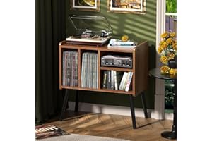 UODERS Record Player Table, Mid-Century Record Player Stand with Vinyl Storage Hold Up to 150+ Albums, Vinyl Record Cabinet with Adjustable Shelves, Wood Turntable Stand for Music Living Room, Oak