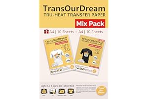 TransOurDream Iron-on Printable Heat Transfer Vinyl 3.0 Transfer Paper for Dark and Light Colored Fabrics-Inkjet & Laser Printer Mix Pack 10+10 Sheets A4