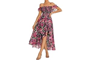 GRACE KARIN Women's A-Line Elastic Waistband Irregular Hem Off Shoulder Floral Dresses