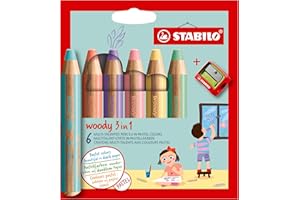 ‎STABILO STABILO - Buntstift, Wasserfarbe & Wachsmalkreide - woody 3 in 1-6er Pack mit Spitzer - 6 verschiedene Pastellfarben