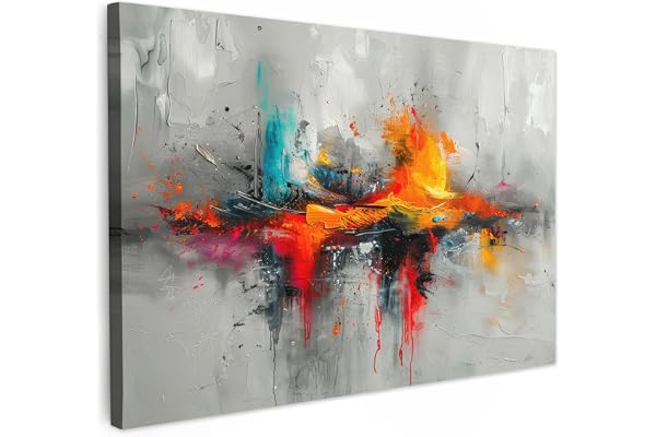 MuchoWow© Impression sur Toile Peinture 120x80 cm Tableau Mural Decoration Salon Reproductions de Tableaux Murale Moderne Art Moderne - Orange - Gris - Abstrait
