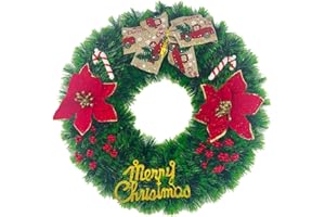 EIRONA Corona de Navidad de 15 Pulgadas con Purpurina Dorada, Flores Artificiales Rojas y Lazo de Navidad, decoración para Puerta, Pared, Ventana o Chimenea