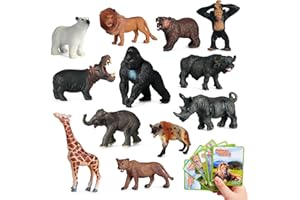 SIENON 12pcs Safari Tiere Figur Spielzeug mit Flash-Karten, realistische wilde Zoo-Tiere Kunststoff Dschungel Elefant Löwe Giraffe Bär Gorilla pädagogische Lernen Spielset für Kinder