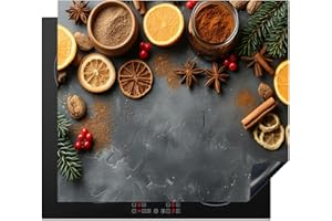 KitchenYeah© Protection Plaque Cuisson Deco Cuisine Cache Induction 60x52 cm Protege Pour Cuisiniere Protection Fruits - Épices - Béton - Orange