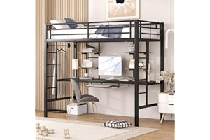 Moimhear Estructura de Cama de Metal 90 x 200 cm, Cama de Hierro, Cama Alta con Escritorio y Dos estanterías para niños, Adolescentes y Adultos (Negro 90x200cm)