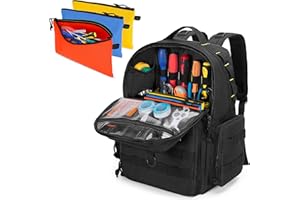 Rexmica Tool Bag Backpack for Men with 3 Tool Pouches, Heavy-Duty Tool Storage Organiser Bag with Padded Shoulder & Waist Support, Tactical Work Tool Bag for Electrician, Repairman, HVAC Techs, Black
