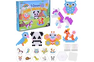 GNEUFVIE 10mm Bügelperlen Groß Set, 1000 Stück XL Steckperlen 10 Farben mit Bügelperlen Platten, 10 Tiere Muster, 10 Schlüsselbänder und 3 Bügelpapier, DIY Bastelperlen Set für Kinder ab 3 Jahren