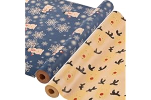 AhfuLife 2 Rouleau Kraft Papier Cadeau de Noël, 43cm×15m Recyclable Papier d'Emballage pour Enfant Emballage des Cadeaux de Noël, Décoration de Fête (L: Bonhomme de Neige Bleu/Reindeers)