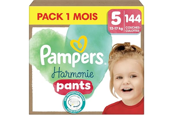 Pampers Harmonie Pants, Taille 5, 144 Couches-Culottes, 12-17kg, Protection Douce Pour La Peau Et Maintien Confortable 360°, Pack 1 Mois