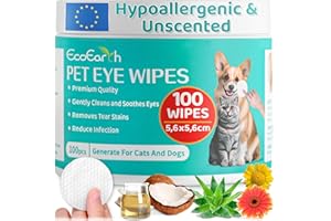 EcoEarth Toallitas para Ojos de Primera Calidad para Perros y Gatos - 100 Piezas - Almohadillas para Limpiar los Ojos de Las Mascotas para Eliminar Manchas, costras y secreciones