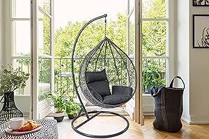 Fine Garden Grey Hanging Egg Chair with Matching Weatherproof Comfy Cushion | Morden Design Patio Indoor and Outdoor Plastic Wired Swing with Steel Frame | Relaxing and Stylish Comfort