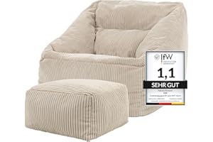 ‎ICON Icon Natalia Sitzsack Sessel mit Hocker für Erwachsene, Beige, Flauschiger Cord Stoff, Riesen Sitzsack Cord mit Füllung, Bean Bag Chair, Bequemer Sessel Wohnzimmer, Lounge, Schlafzimmer, Büro