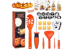 HOTSAN Pumpkin Carving Kit for Kids, 6 Easy Halloween Pumpkin Carving Tools Set, 10 Carving Stencils, 6 LED Candles & 20 Halloween Cellophane Candy Bags, DIY Jack-O-Lantern Halloween Decorations