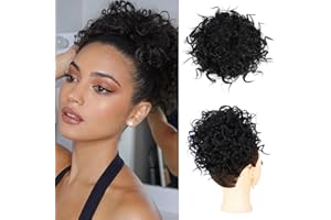 PORSMEER Haarteil Dutt Haar Bun mit Elastischer Kordelzug Kurz Locken Welle Pferdeschwanz Haarteil Kunsthaar wie Echthaar Updo Haarverlängerung zopf für Frauen Tägliche,Natürliches Schwarz